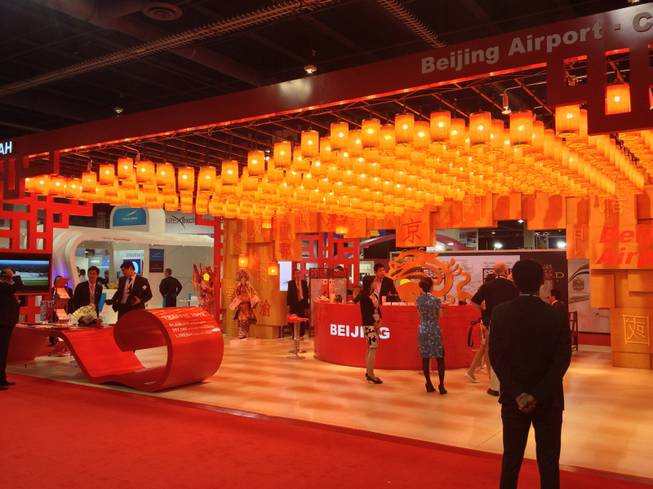 Beijing Capital International Airports booth at World Routes 2013 was adorned with a ceiling full of lanterns on Oct. 7, 2013.